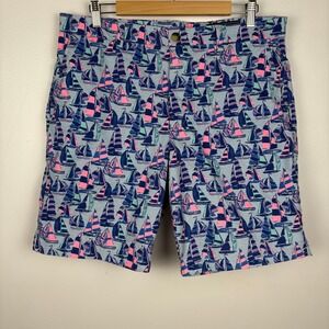 Vineyard Vines Mens Breaker Short Sailboat Print Size 34 Blue Pink Stretch Beach